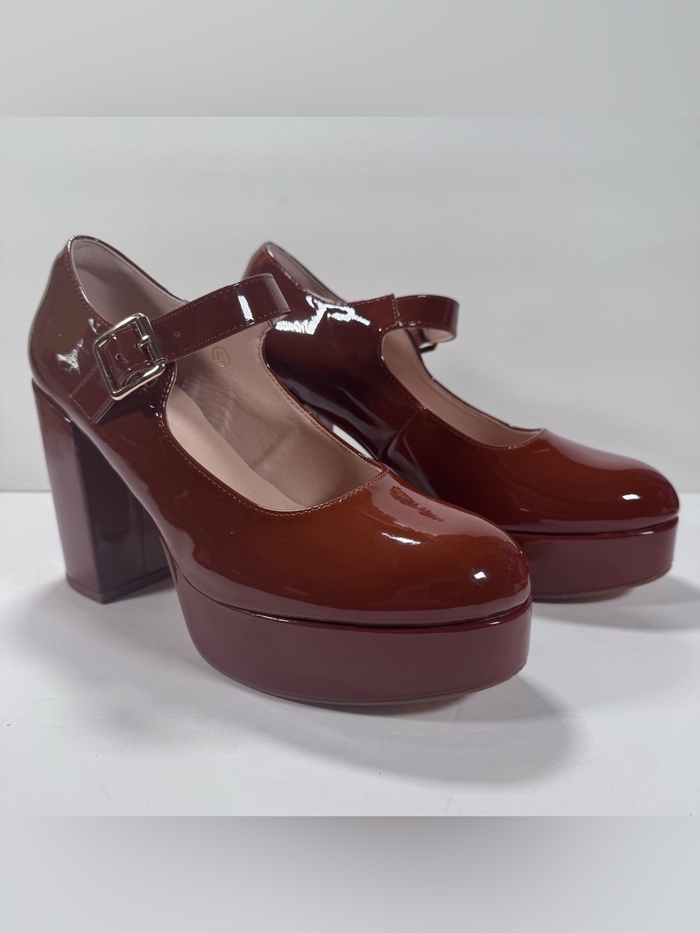 Coutgo Brown Patent Mary Jane T-Strap Round Toe Chunky Platform Heels Women 9.5